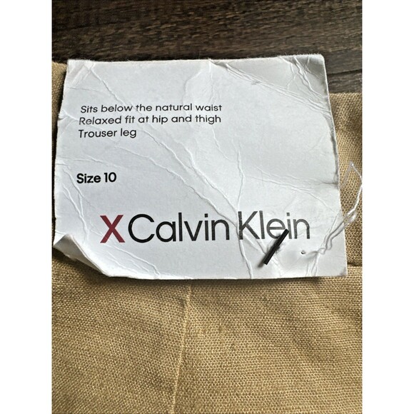 Calvin Klein Women's Linen Blend Pants Trendy Pleated Wide Leg Trouser Tan 10 - Picture 6 of 9